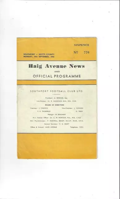1966/67 Southport v Notts County Football Programme