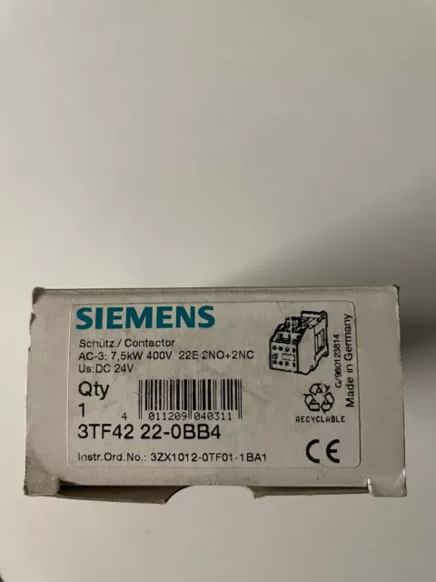 Siemens 3TF4222-0BB4 Schütz 24V DC 7,5kW 400V 22E 2NO+2NC