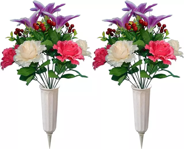 Artificial Graveyard Flower with Vase, Cemetery Flowers for Grave, Memorial Flow