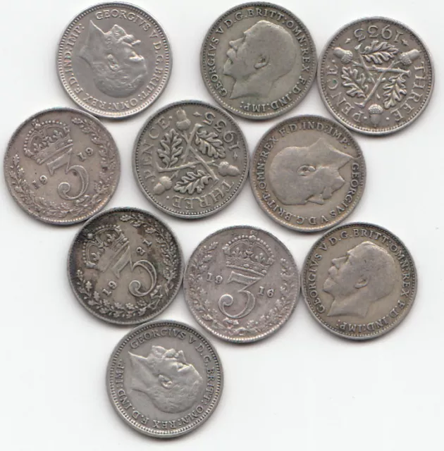 GEORGE V 10 Silver Threepence - Mixed dates 1911 to 1936 (10 different dates)