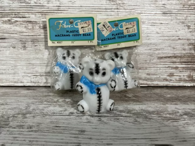Set of 3 Vintage Macrame Teddy Bear Beads White with Blue Accents 2.5"