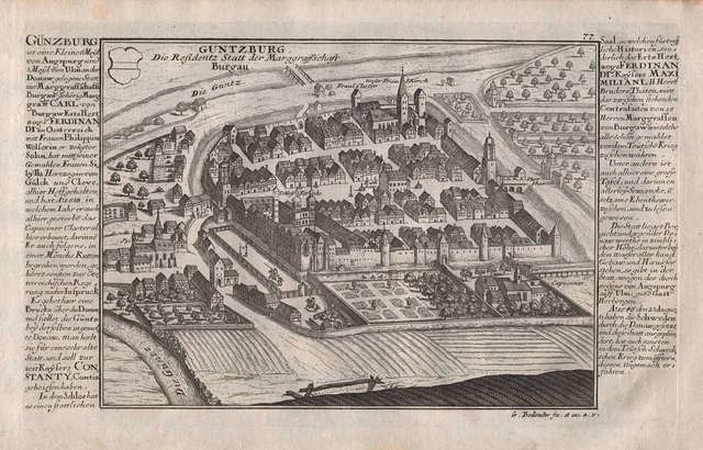 Günzburg Swabia Baviera Vista View Engraving Incisione Bodenehr 1720