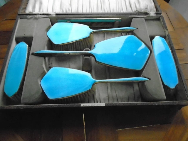 ART DECO GUILLOCHE duck egg blue dressing table Tray Brush Mirror Candle  Vanity 67.99 - PicClick UK