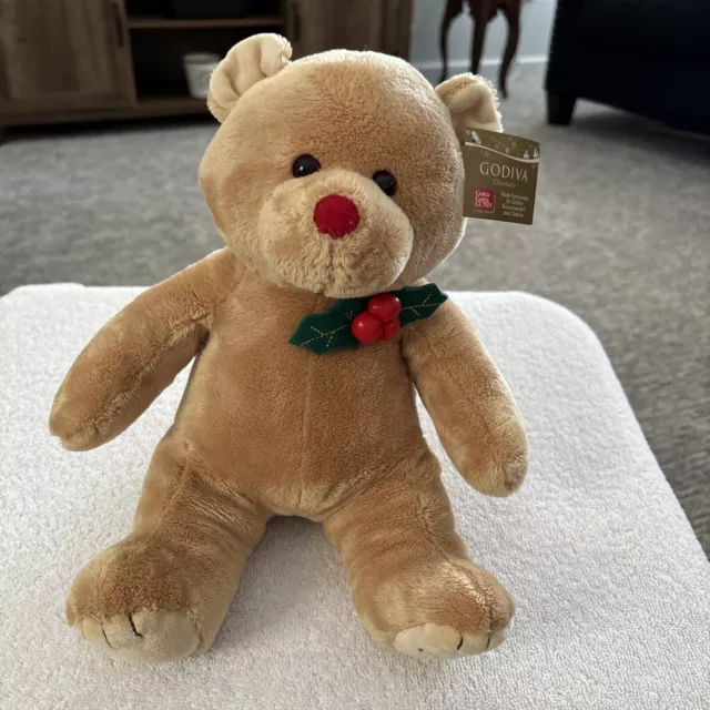 Gund Godiva Chocolate 2009 Teddy Bear Plush with Holly berries,Red nose,NWT