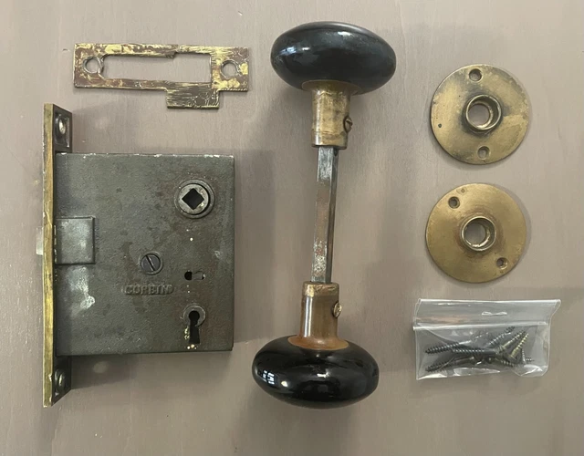 Antique c. 1890s Black Porcelain Door Knob Lock Set