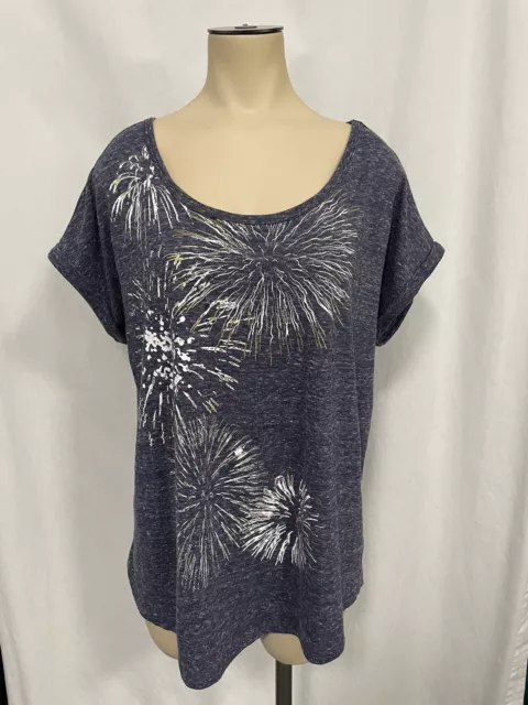 Style Co Sport Top Fireworks Womens Size Large Short Sleeve Pullover Blue Tee