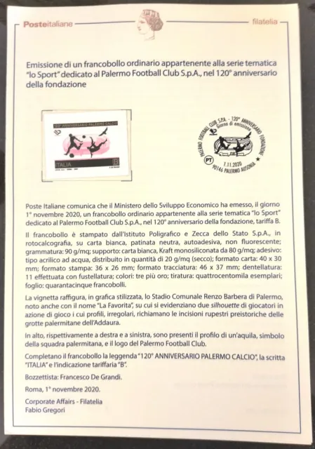 ITALIA 2020 TESSERA FILATELICA PALERMO FOOTBALL CLUB S.p.A.