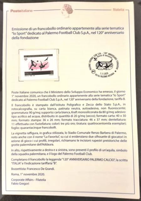 ITALIA 2020 TESSERA FILATELICA PALERMO FOOTBALL CLUB S.p.A.