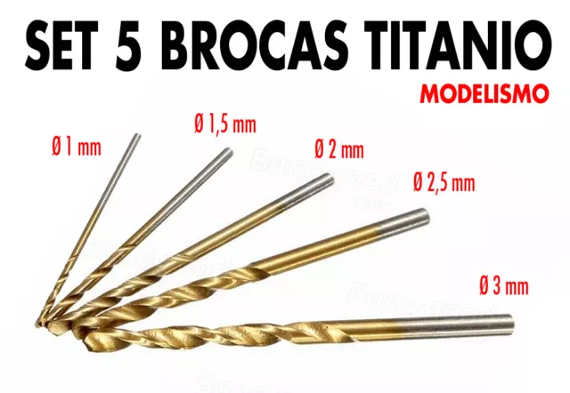 5 Brocas Titanio HSS de 1 a 3 mm. Hierro, acero, inox, latón... Ideal modelismo.