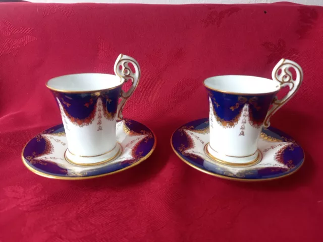 2 x Antique Coalport Demitasse Cobalt Blue Chocolate Coffee Cup & Saucer