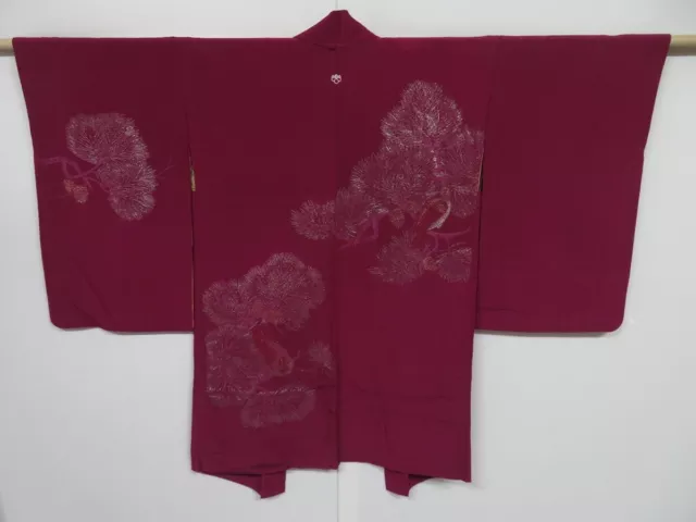 0716i05z570 Vintage Japanese Kimono Silk HAORI Dark purple Pine tree
