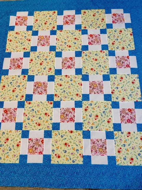 Quilt Top~Blue & Yellow~50”  X 58”~Baby, Crib, Lap, Sofa, Decor~Pieced~U.s.a.