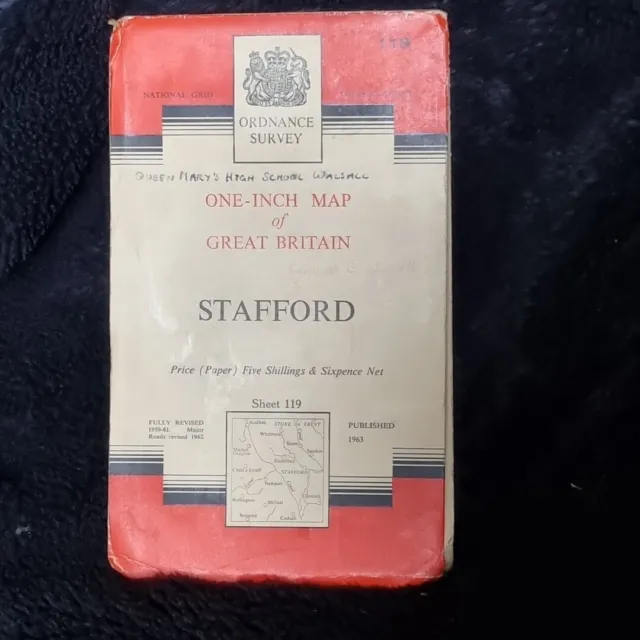 Old Vintage 1958 Cloth OS Ordnance Survey One-Inch Map Sheet 119 Stafford