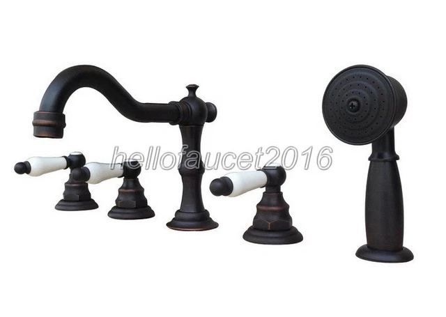 Oil Rubbed Bronze 5 Hole Deck Mount Bathroom Roman Tub Faucet with Hand Shower