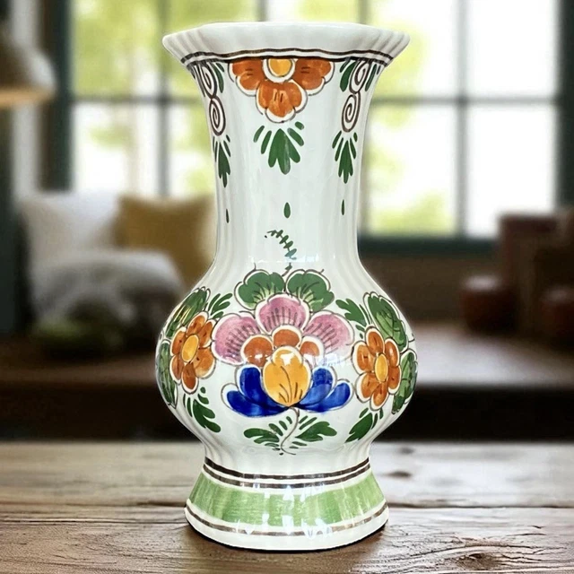 VTG DELFTS POLYCHROME Vase Dutch Hand Painted Holland Floral