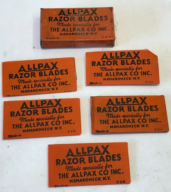 (5) ANTIQUE 1930's Allpax Safety Shaving Razor Blades w/ Original Box Barber