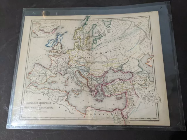 1853 Map of Roman Empire and Northern Barbarians Color Engraving Wm Williams
