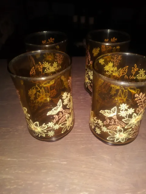 Vintage Mcm Libbey? Set Of 4 Brown Flower 70's Juice Glasses 4" OBO Good...