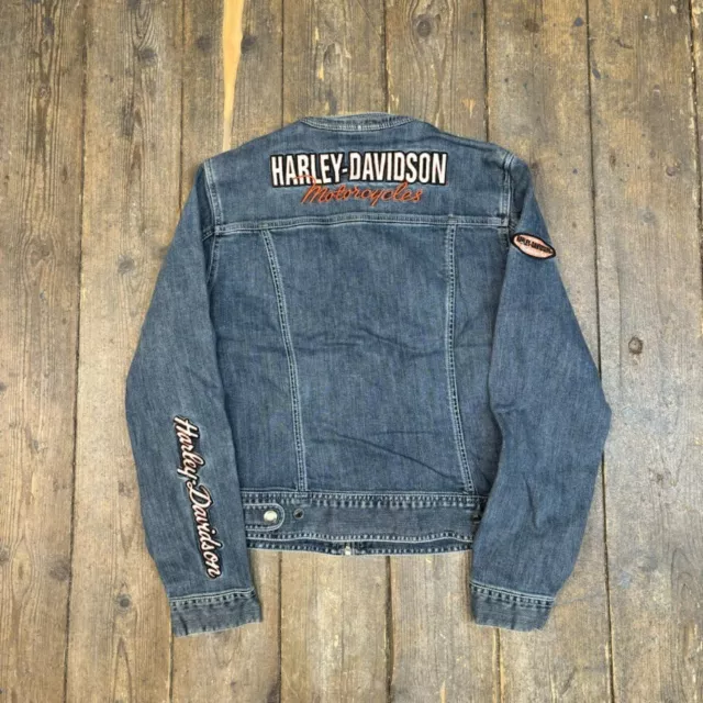 Harley Davidson Denim Jacket Vintage 90s Bomber Trucker, Washed Blue, Womens XL 2
