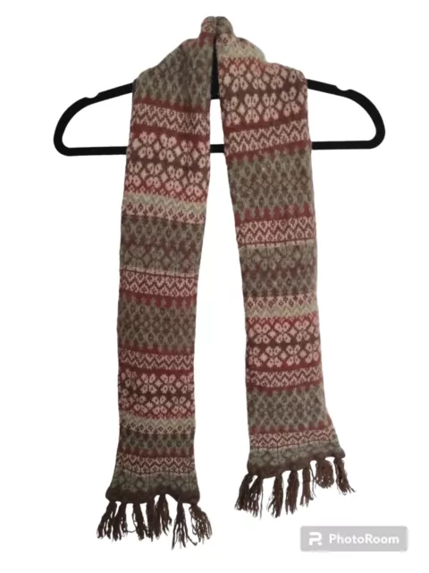 Woolrich Wool Angora Scarf Tribal Print Fringe Rectangle Scarf Brown