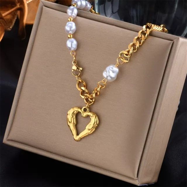 Fashion Simple Hollow Heart shaped Titanium Steel Pearl Necklace