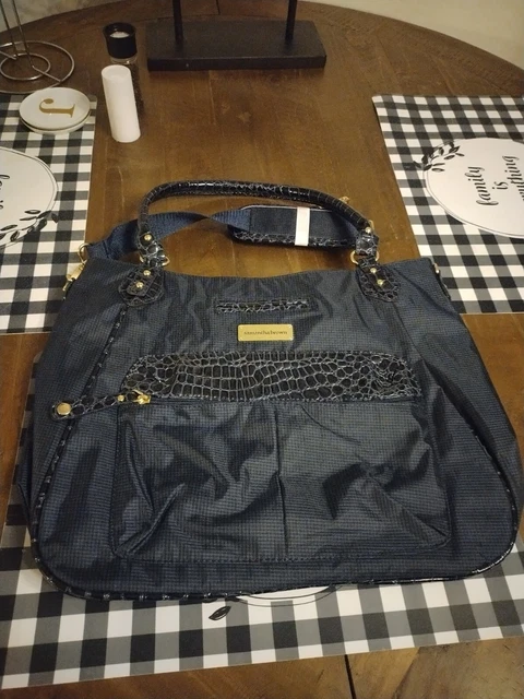 Samantha Brown Croc Skin Embossed Trim Tote Travel Bag Purse Carry On Navy Blue