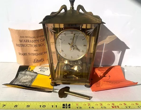 Schatz Germany Brass & Glass 400 Day Anniversary Clock 1953 w/key & instructions