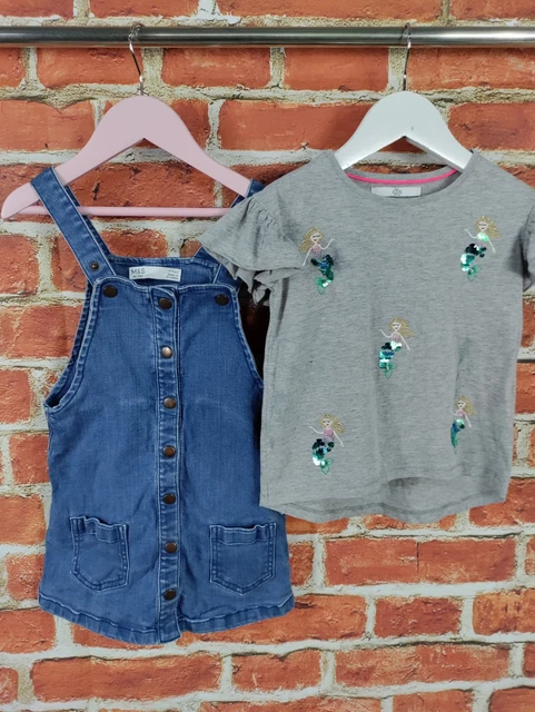 Girls Bundle Age 3-4 Years Next Denim Pinafore Dress Mermaid T-Shirt Kids 104Cm