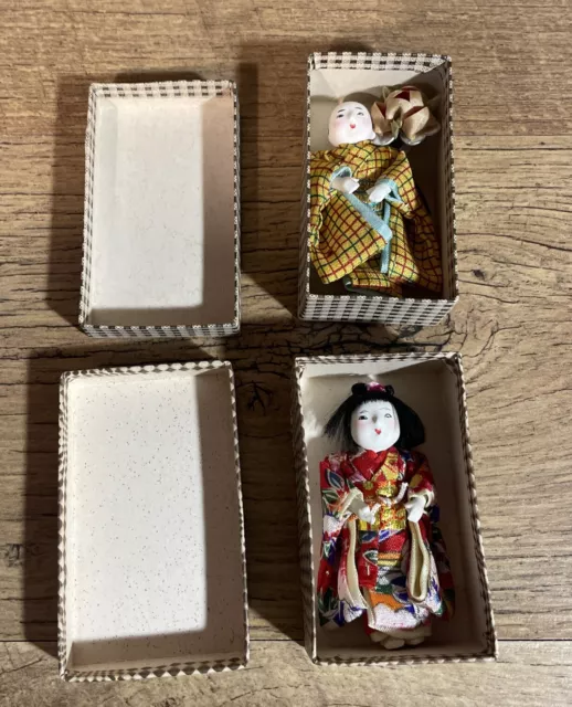 Vintage Bisque Porcelain Miniature 3” Jointed Asian Dolls With Original Boxes