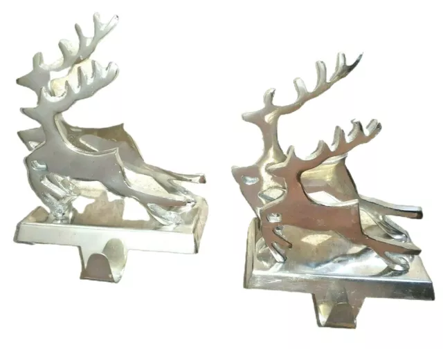 Christmas Reindeer Stocking Holders Christmas & Card Holders Pair Silver Metal