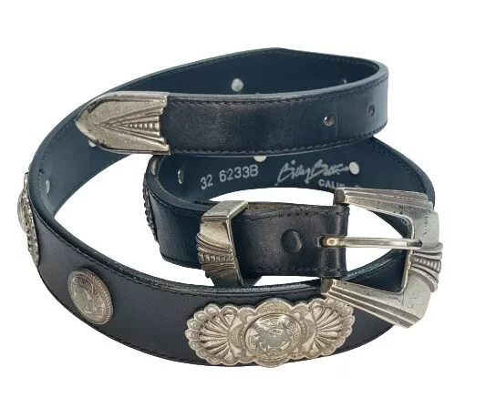 VTG Billy Belts California Western Black Leather Belt Silver Conchos Size 32 USA