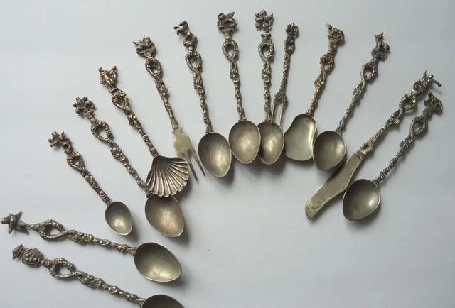 vintage italy souvenir small spoons lot silver plated ornate finial figural junk