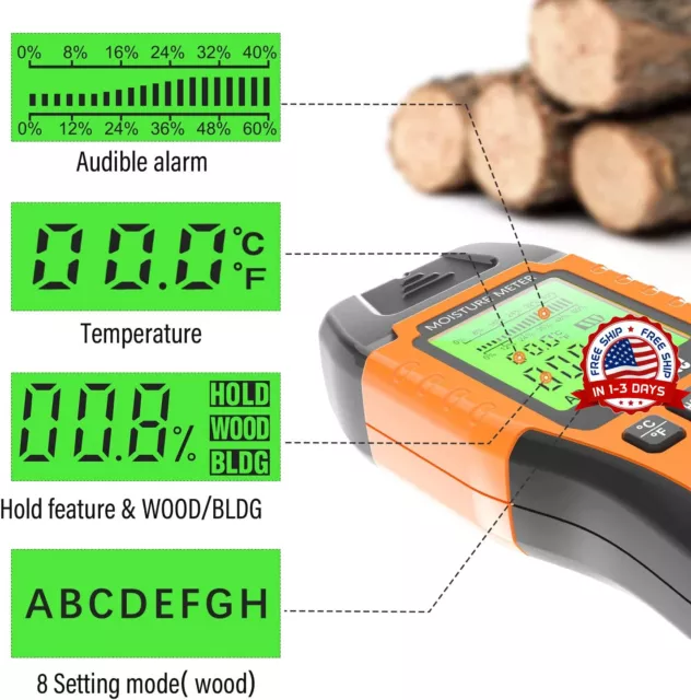 Medidor de humedad detector digital fugas de agua termómetro madera construcción 3