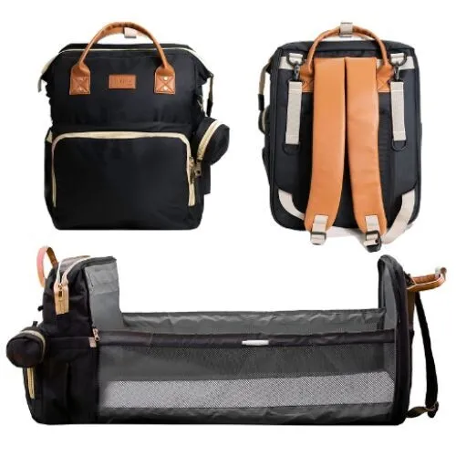 Diaper Crib Bag | Baby Changing Station Backpack + Bassinet | Leather Straps