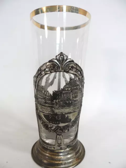 Zinnbecher Glas Chemnitz Neues Theater Glashalter Zinn Pokal um 1910 Jugendstil