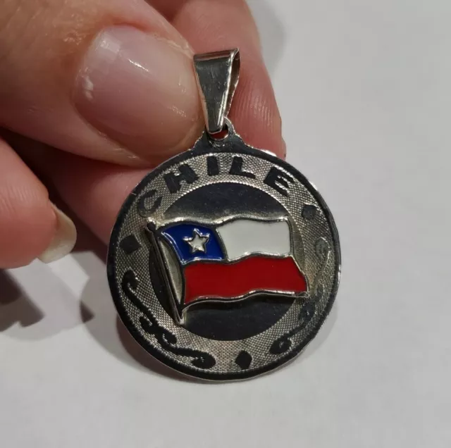 Vintage 925 Sterling Silver Enamel Chile 🇨🇱 Flag Disk Charm / Pendant