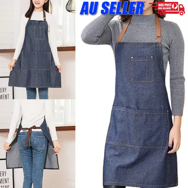 Adjustable Denim Apron Pocket Hanging Neck Cooking Kitchen Baking Bar Cafe Chefs