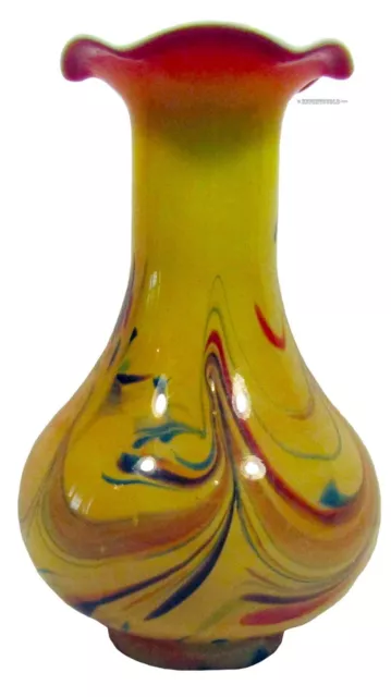 Yellow Art Glass Vase Fluted Top Swirled Colour 19 cm Tall Diameter 11.5 cm