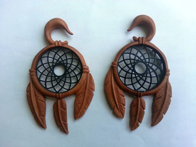 Pair Tribal Dream Catcher Resin Saba Wood Ear Taper Spiral Expander Plug Gauges