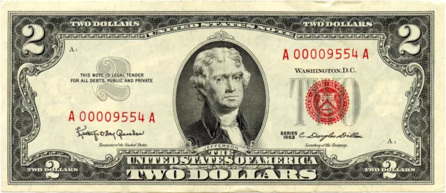 1963 $2 Red Seal Legal Tender Note Fr #1513 - Low Serial! - Looks AU+