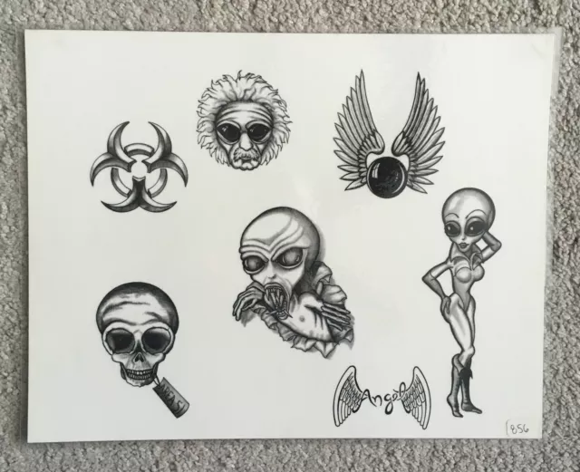 Tattoo Flash Single Sheet Print by Angel Flash Aliens, Skull, Wings, 11” X 14”