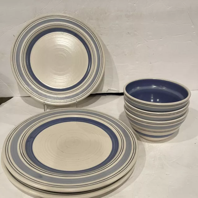 6 Pc Pfaltzgraff Rio 3 Dinner Plates 11” Blue Stripes & 3 Cereal Bowl Great Cond
