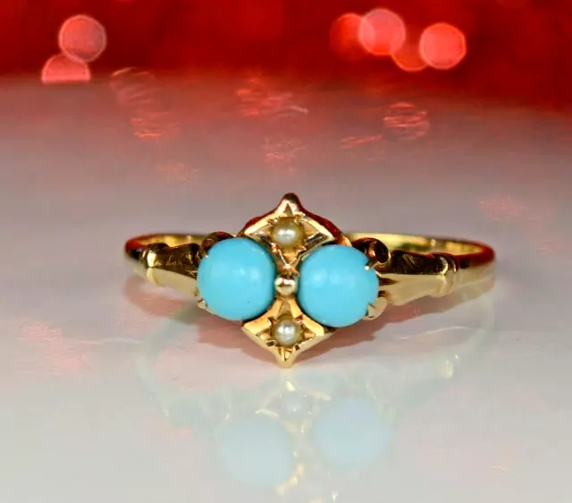 Antique Victorian 14K Gold Persian Blue Turquoise & Seed Pearl Ring