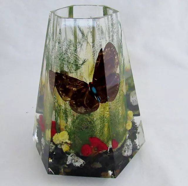 Vintage MCM Unusual Resin Lucite Acrylic Floral Butterfly Vase 5.75" Retro Boho