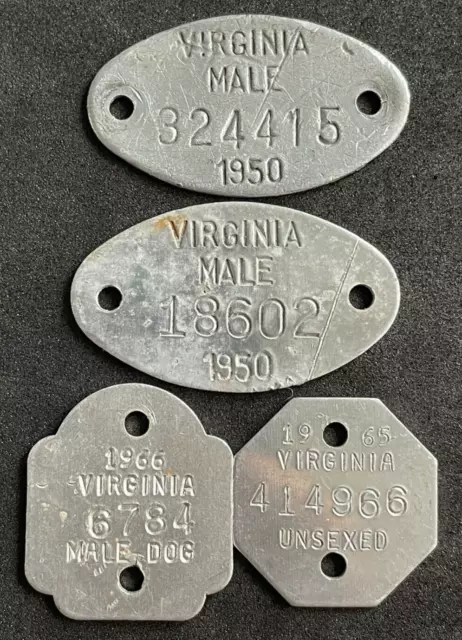 Vintage 1950's & 1960's Virginia Dog License Tax Tag Lot of 4 Male & Unsexed