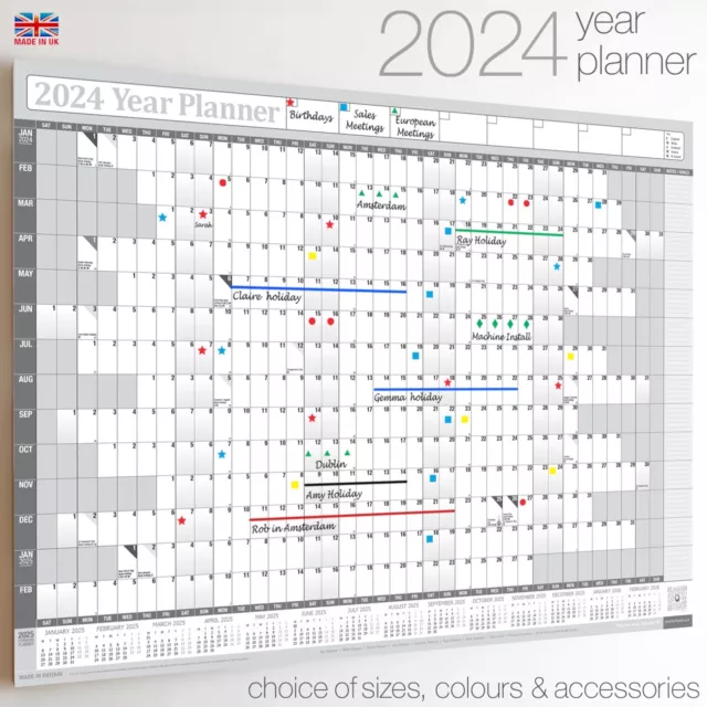 2024 / 2025 Wall Calender A2 Holiday Year Planner Calendar Office 14 Months GREY