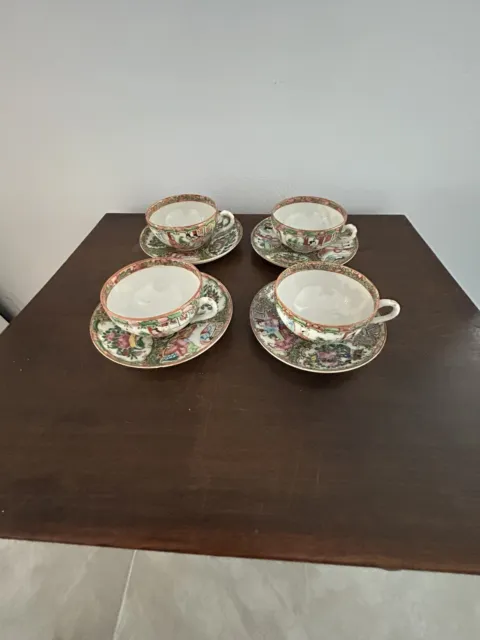 4 Antique Chinese Export Rose Medallion Cups & Saucers