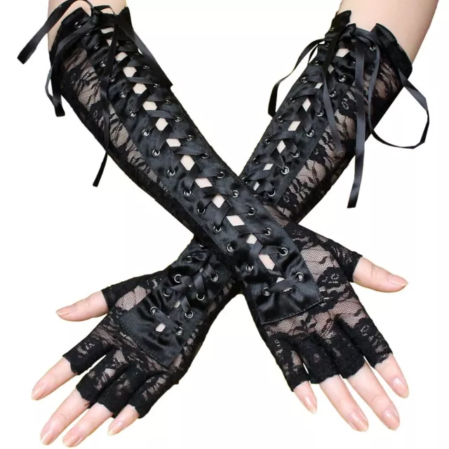 Gothic Punk Fashion Ladies Fishnet Mesh Floral Long Fingerless LACE GLOVES Black