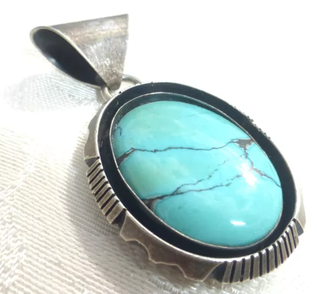 Native American Sterling Silver Blue Turquoise Navajo Pendant Size 2" Signed