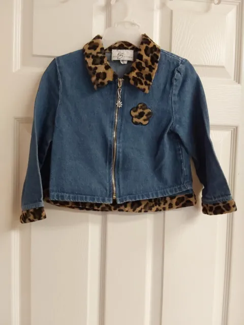 Amy Byer Girls 2-Piece Denim Skirt & Zipper Jacket W/Leopard Faux Fur Size 6